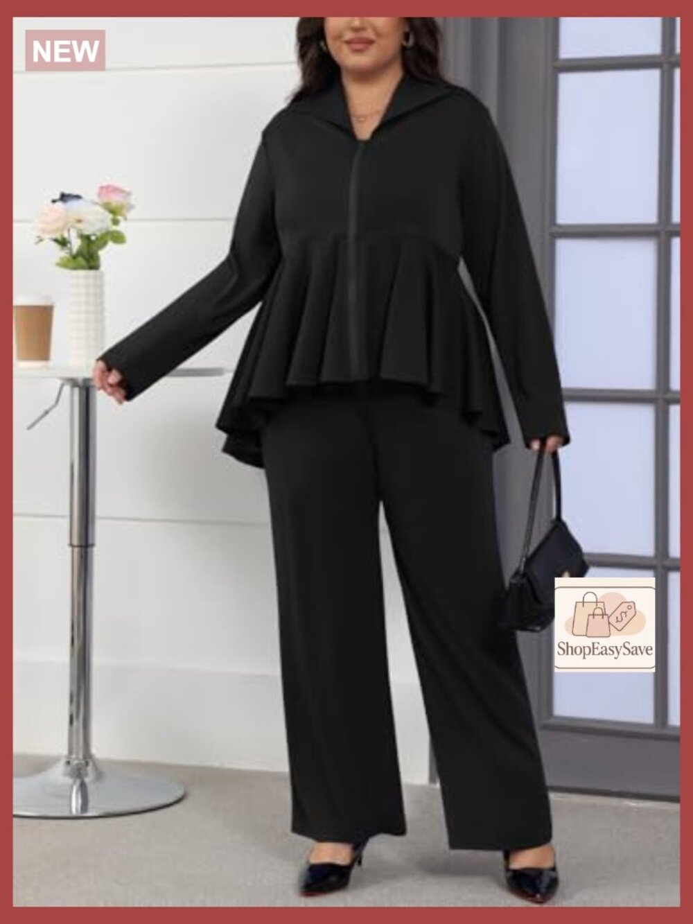 Two Piece Long Sleeve Zip Up Peplum Jacket Wide Leg Pant Suit Set Dressy - Picture 7 of 7